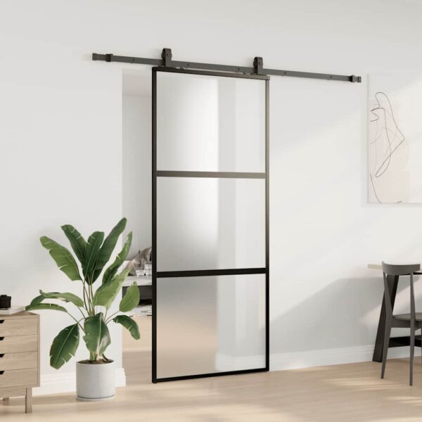 Sliding Door with Hardware Set Black 90x205 cm Tempered Glass