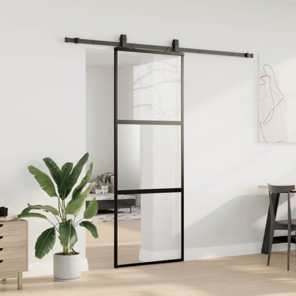 Sliding Door with Hardware Set Black 76x205 cm Tempered Glass
