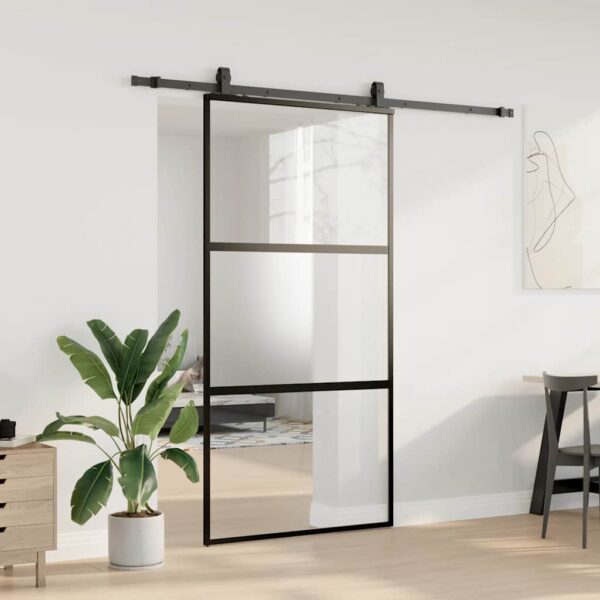 Sliding Door with Hardware Set Black 102.5x205 cm Tempered Glass