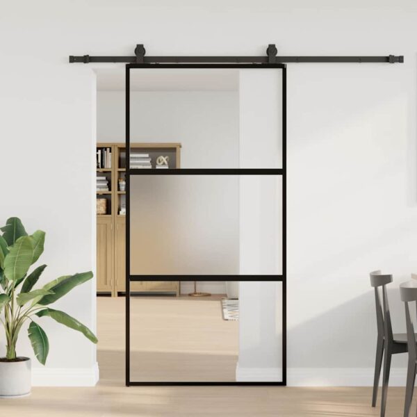 Sliding Door with Hardware Set Black 102.5x205 cm Tempered Glass