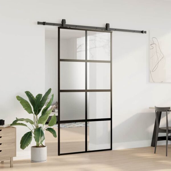 Sliding Door with Hardware Set Black 102.5x205 cm Tempered Glass